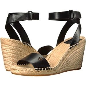 Tory Burch Designer Bima 2 Black Leather Wedge Espadrille Sandals Women’s US 9